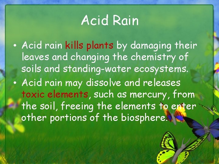 Acid Rain • Acid rain kills plants by damaging their leaves and changing the