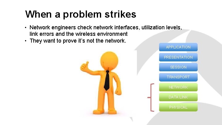 When a problem strikes • Network engineers check network interfaces, utilization levels, link errors When a problem strikes • Network engineers check network interfaces, utilization levels, link errors