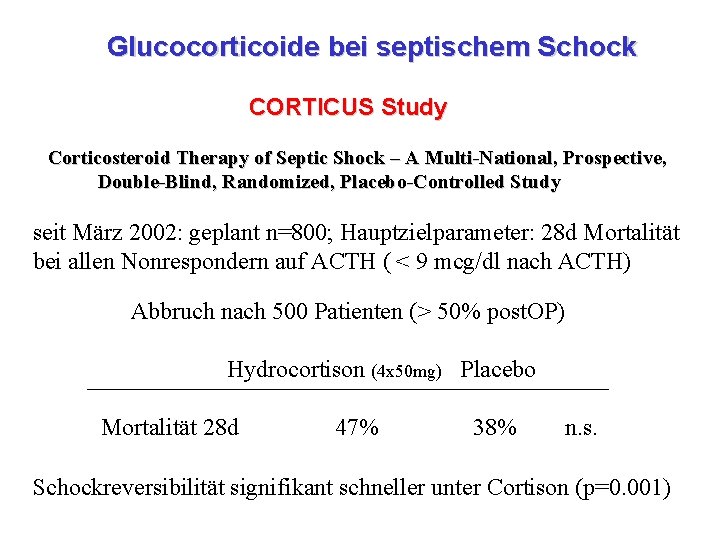 Glucocorticoide bei septischem Schock CORTICUS Study Corticosteroid Therapy of Septic Shock – A Multi-National,