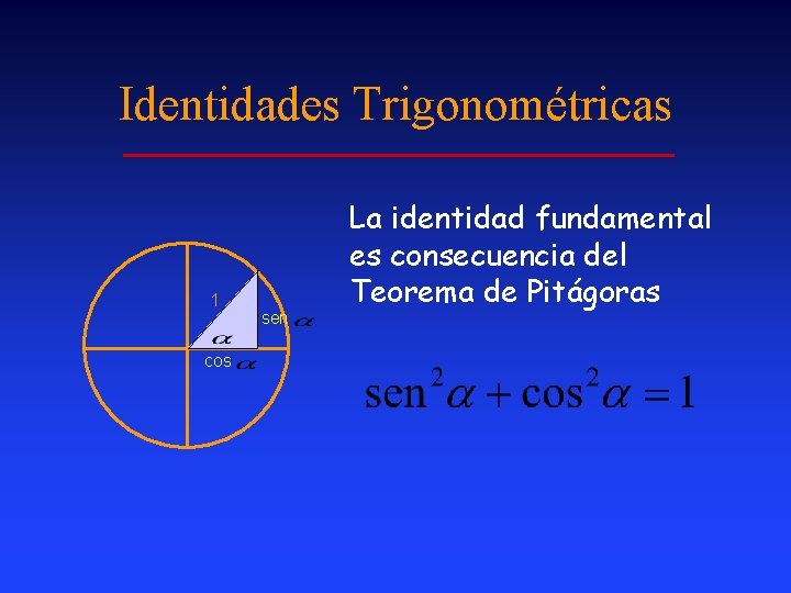 Identidades Trigonométricas 1 cos sen La identidad fundamental es consecuencia del Teorema de Pitágoras