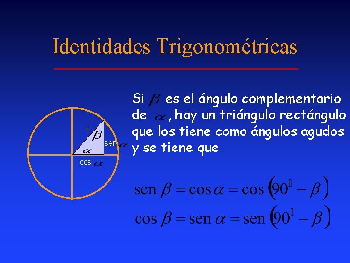 Identidades Trigonométricas 1 sen cos Si es el ángulo complementario de , hay un