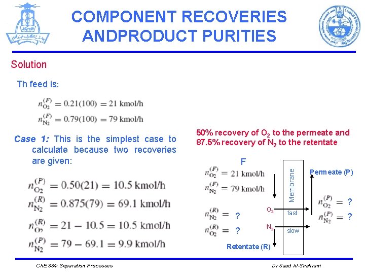 COMPONENT RECOVERIES ANDPRODUCT PURITIES Solution Th feed is: 50% recovery of O 2 to