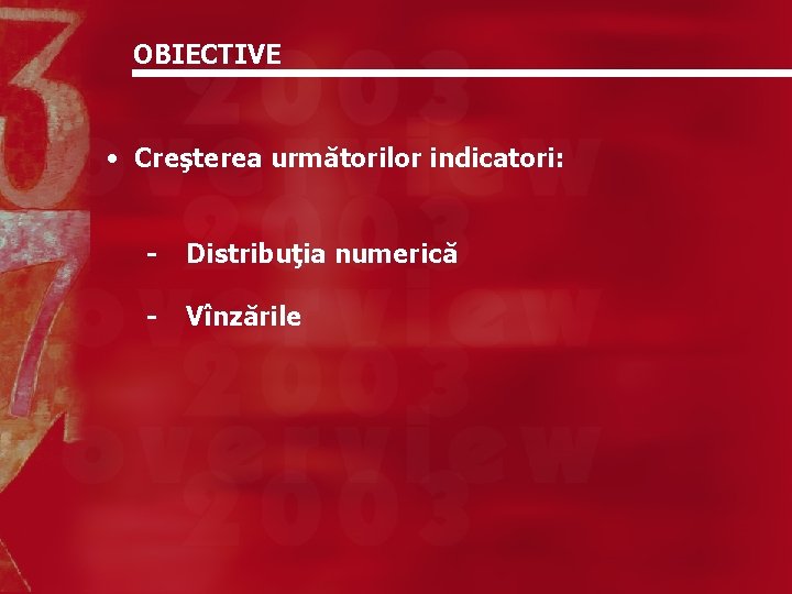 OBIECTIVE • Creşterea următorilor indicatori: - Distribuţia numerică - Vînzările 