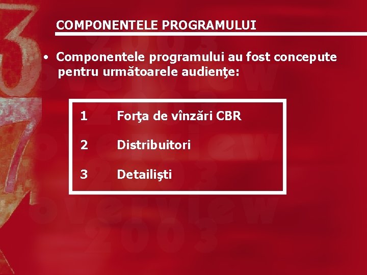 COMPONENTELE PROGRAMULUI • Componentele programului au fost concepute pentru următoarele audienţe: 1 Forţa de