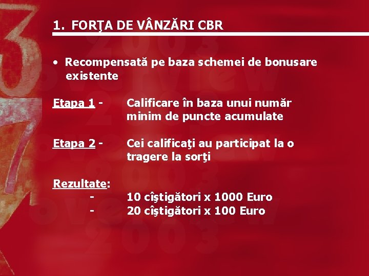 1. FORŢA DE V NZĂRI CBR • Recompensată pe baza schemei de bonusare existente