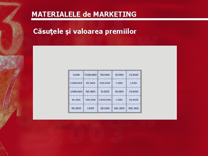 MATERIALELE de MARKETING Căsuţele şi valoarea premiilor 