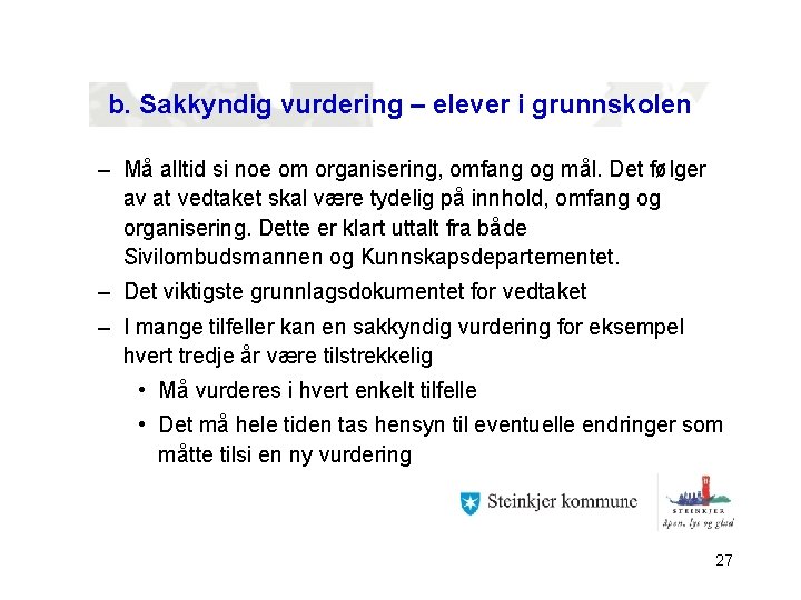 b. Sakkyndig vurdering – elever i grunnskolen – Må alltid si noe om organisering,