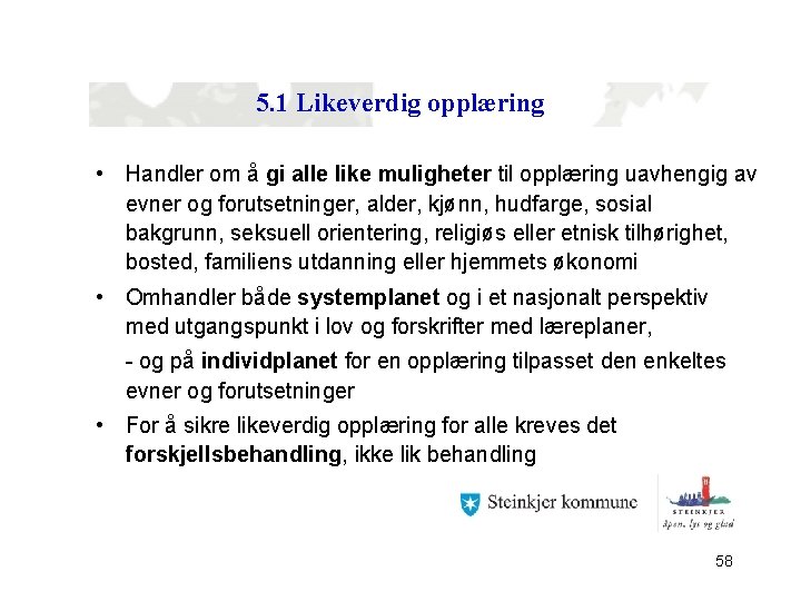 5. 1 Likeverdig opplæring • Handler om å gi alle like muligheter til opplæring