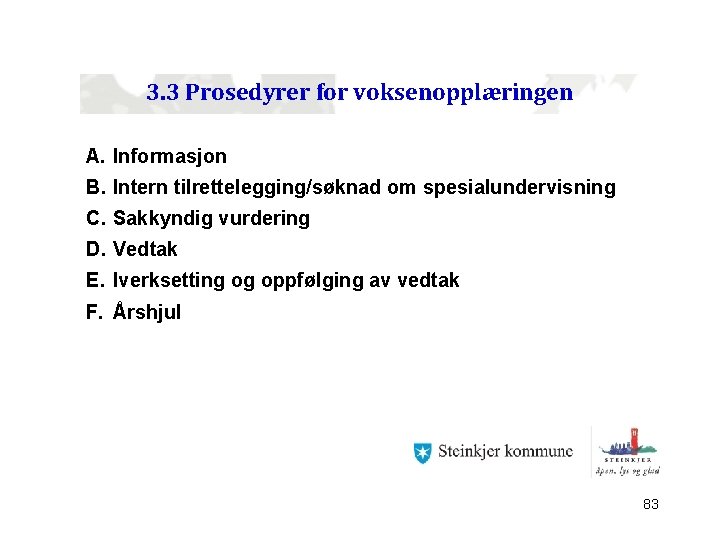 3. 3 Prosedyrer for voksenopplæringen A. Informasjon B. Intern tilrettelegging/søknad om spesialundervisning C. Sakkyndig