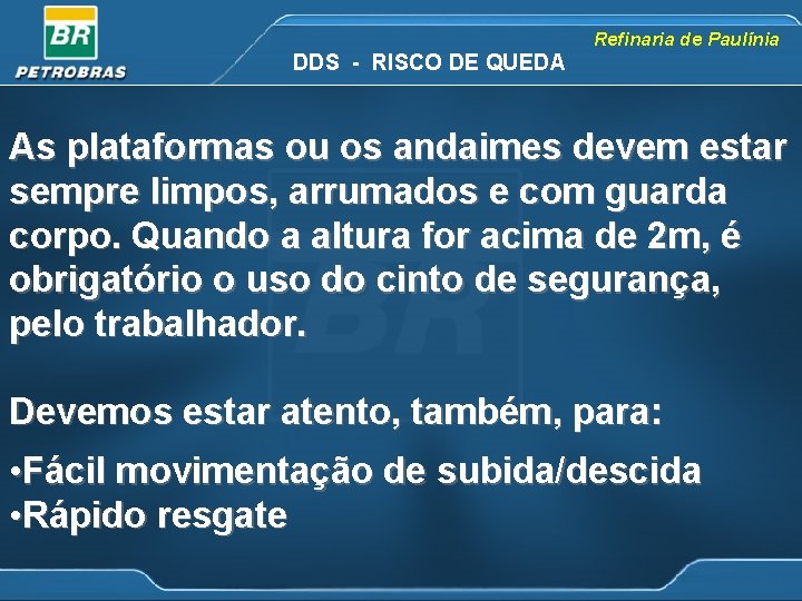 Refinaria de Paulínia DDS - RISCO DE QUEDA As plataformas ou os andaimes devem
