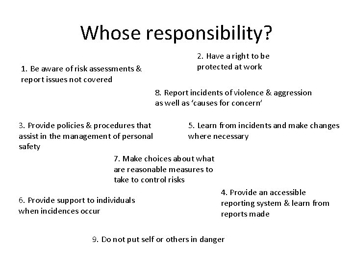 Whose responsibility? 1. Be aware of risk assessments & report issues not covered 2.