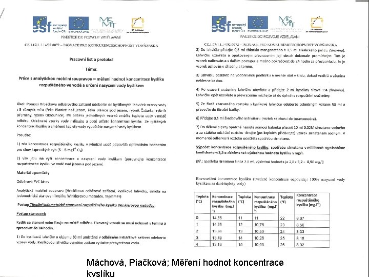 Máchová, Piačková; Měření hodnot koncentrace kyslíku 