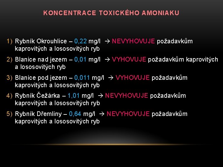 KONCENTRACE TOXICKÉHO AMONIAKU 1) Rybník Okrouhlice – 0, 22 mg/l NEVYHOVUJE požadavkům kaprovitých a