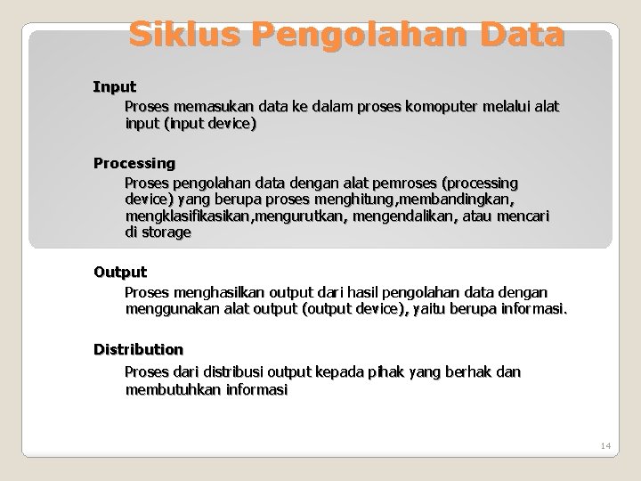 Siklus Pengolahan Data Input Proses memasukan data ke dalam proses komoputer melalui alat input