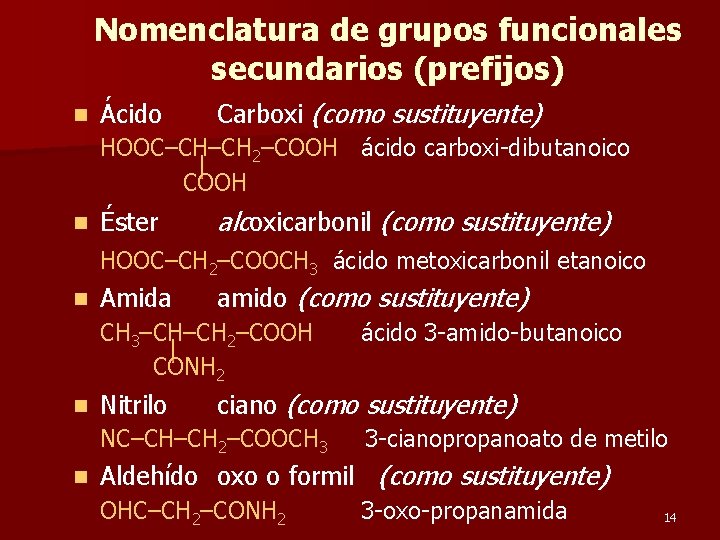 Nomenclatura de grupos funcionales secundarios (prefijos) n Ácido Carboxi (como sustituyente) HOOC–CH–CH 2–COOH ácido