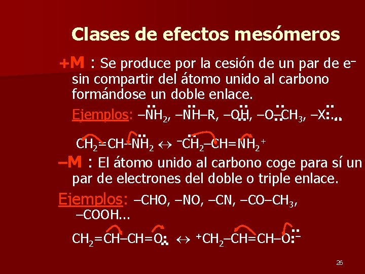 Clases de efectos mesómeros +M : Se produce por la cesión de un par