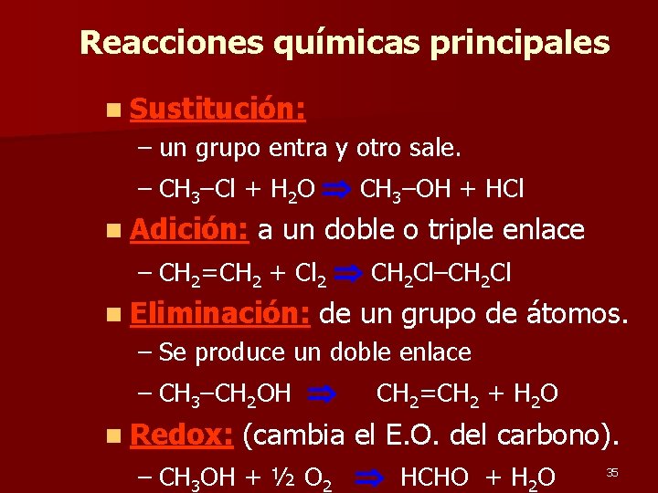 Reacciones químicas principales n Sustitución: – un grupo entra y otro sale. – CH