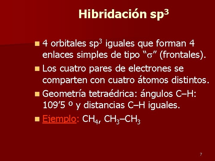Hibridación sp 3 n 4 orbitales sp 3 iguales que forman 4 enlaces simples