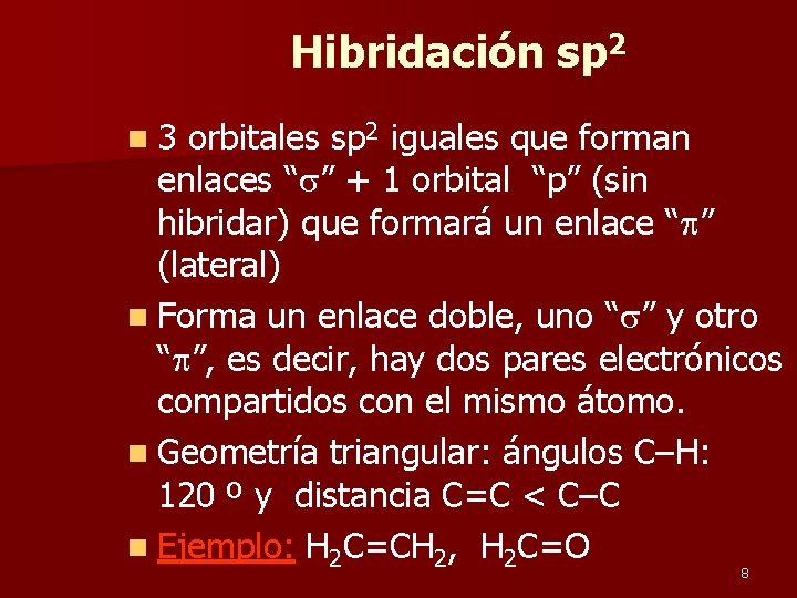 Hibridación sp 2 n 3 orbitales sp 2 iguales que forman enlaces “ ”