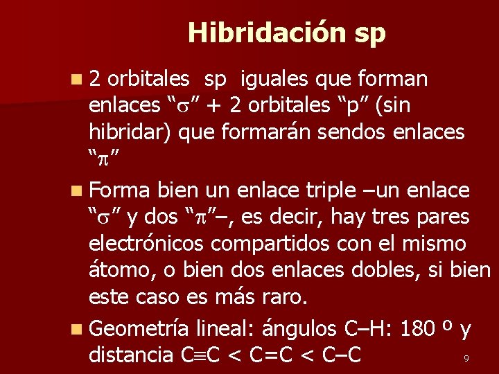 Hibridación sp n 2 orbitales sp iguales que forman enlaces “ ” + 2
