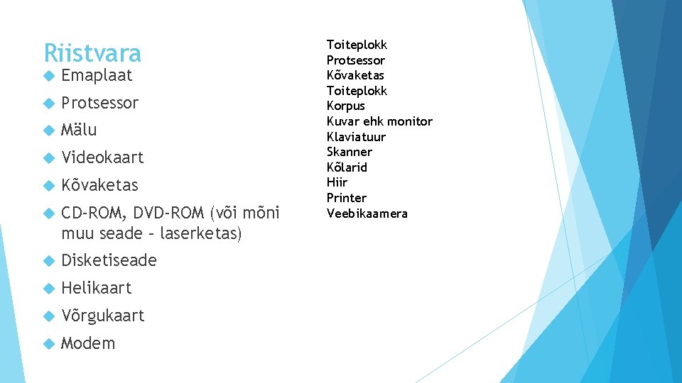 Riistvara Emaplaat Protsessor Mälu Videokaart Kõvaketas CD-ROM, DVD-ROM (või mõni muu seade – laserketas)