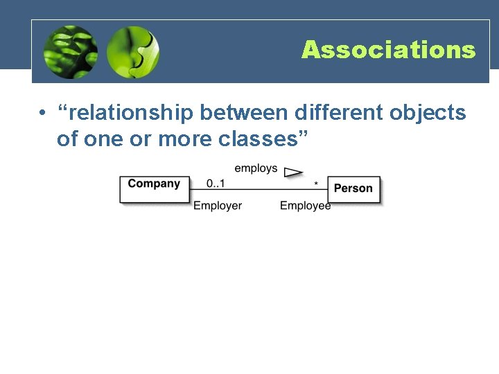 Associations • “relationship between different objects of one or more classes” Associations • “relationship between different objects of one or more classes”