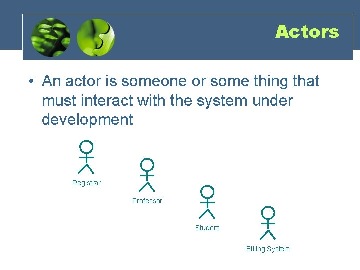 Actors • An actor is someone or some thing that must interact with the Actors • An actor is someone or some thing that must interact with the