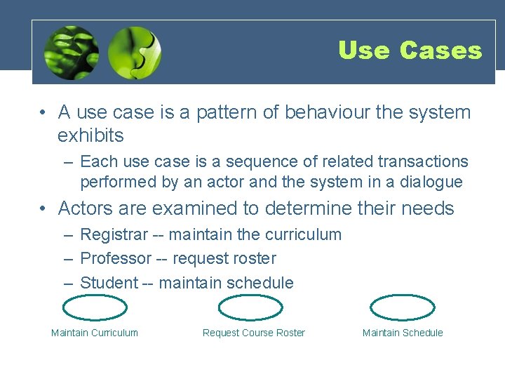 Use Cases • A use case is a pattern of behaviour the system exhibits Use Cases • A use case is a pattern of behaviour the system exhibits
