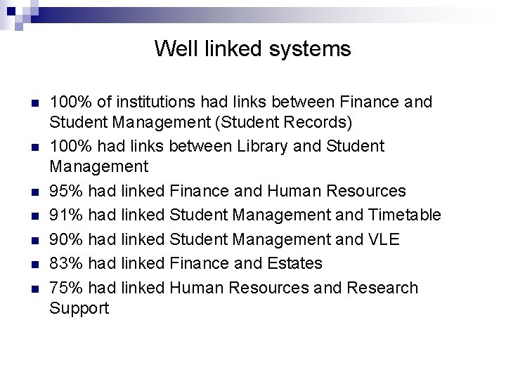 Well linked systems n n n n 100% of institutions had links between Finance