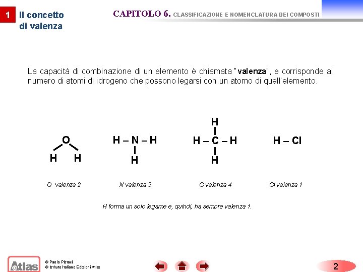 CAPITOLO 6. CLASSIFICAZIONE E NOMENCLATURA DEI COMPOSTI 1 Il concetto di valenza La capacità CAPITOLO 6. CLASSIFICAZIONE E NOMENCLATURA DEI COMPOSTI 1 Il concetto di valenza La capacità