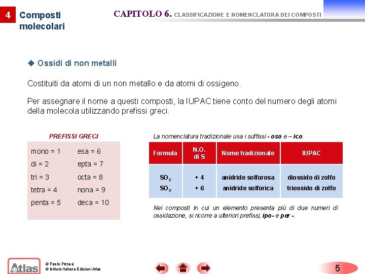 CAPITOLO 6. CLASSIFICAZIONE E NOMENCLATURA DEI COMPOSTI 4 Composti molecolari u Ossidi di non CAPITOLO 6. CLASSIFICAZIONE E NOMENCLATURA DEI COMPOSTI 4 Composti molecolari u Ossidi di non