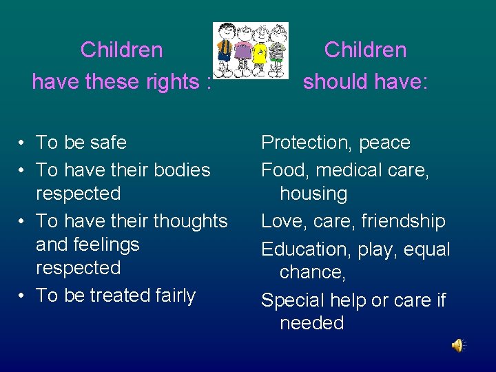 Children have these rights : • To be safe • To have their bodies
