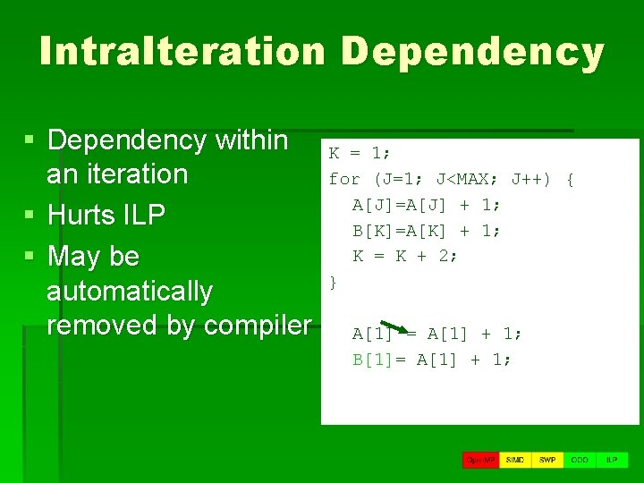 Intra. Iteration Dependency § Dependency within an iteration § Hurts ILP § May be