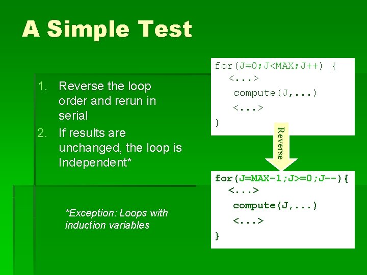 A Simple Test *Exception: Loops with induction variables Reverse 1. Reverse the loop order