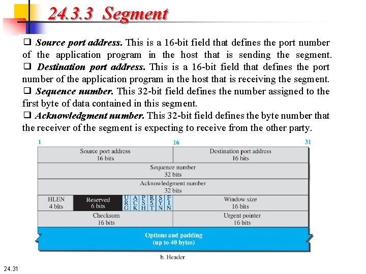 24. 3. 3 Segment ❑ Source port address. This is a 16 -bit field