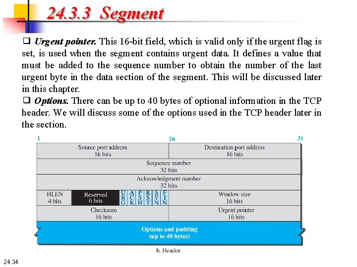 24. 3. 3 Segment ❑ Urgent pointer. This 16 -bit field, which is valid