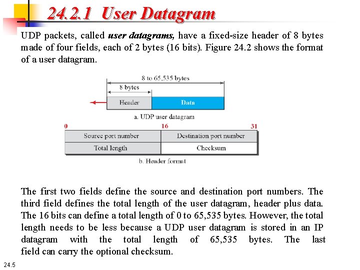 24. 2. 1 User Datagram UDP packets, called user datagrams, have a fixed-size header