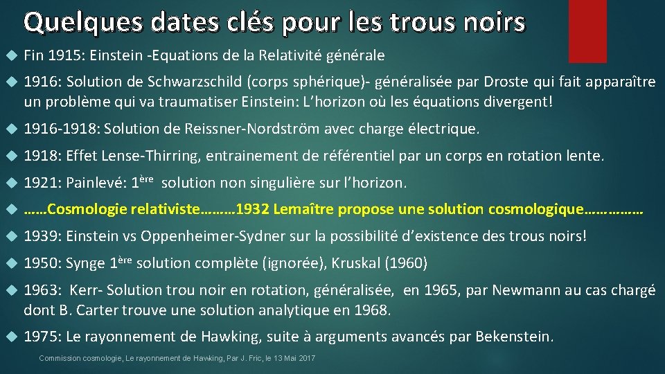 Quelques dates clés pour les trous noirs Fin 1915: Einstein -Equations de la Relativité