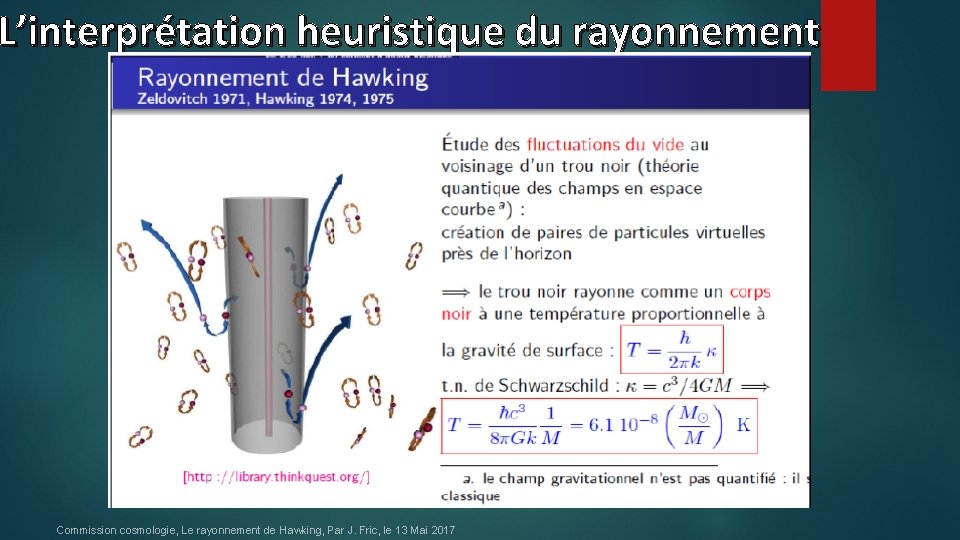 L’interprétation heuristique du rayonnement Commission cosmologie, Le rayonnement de Hawking, Par J. Fric, le