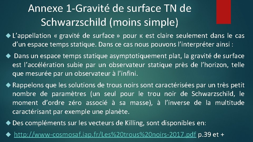 Annexe 1 -Gravité de surface TN de Schwarzschild (moins simple) L’appellation « gravité de