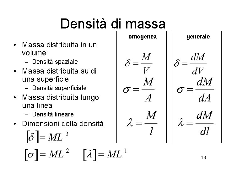 Densità di massa omogenea generale • Massa distribuita in un volume – Densità spaziale