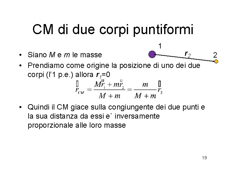 CM di due corpi puntiformi 1 r 2 • Siano M e m le