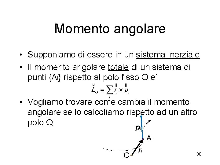 Momento angolare • Supponiamo di essere in un sistema inerziale • Il momento angolare