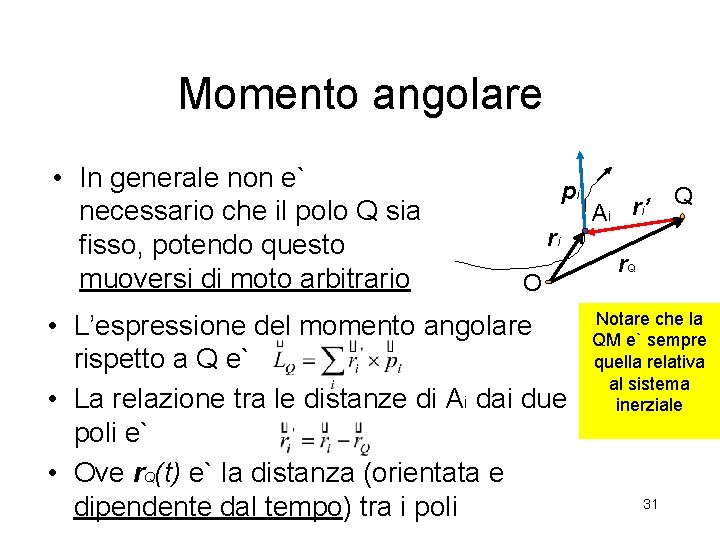 Momento angolare • In generale non e` necessario che il polo Q sia fisso,