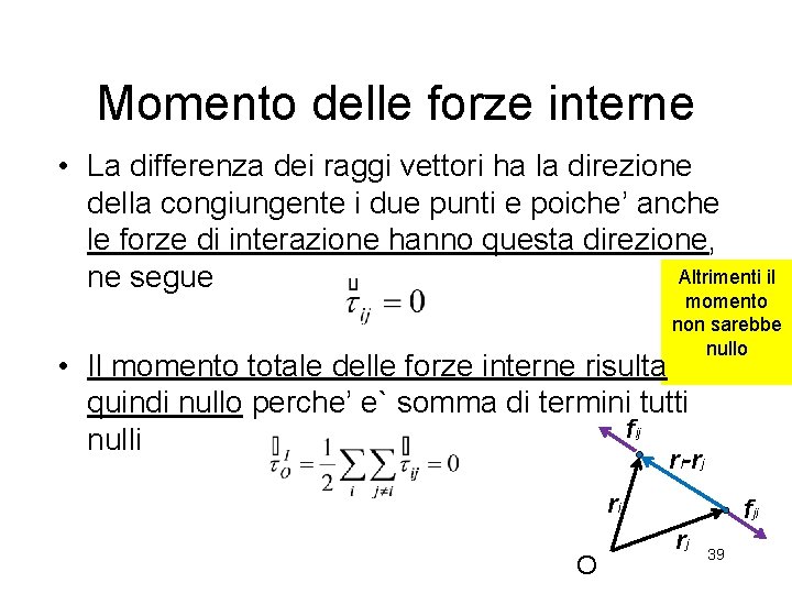 Momento delle forze interne • La differenza dei raggi vettori ha la direzione della
