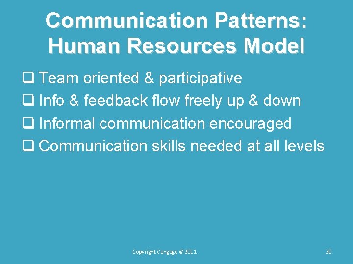 Communication Patterns: Human Resources Model q Team oriented & participative q Info & feedback