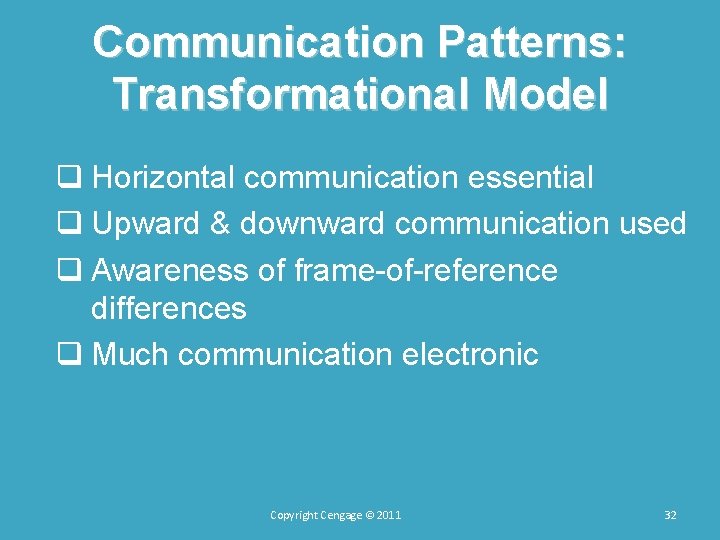 Communication Patterns: Transformational Model q Horizontal communication essential q Upward & downward communication used