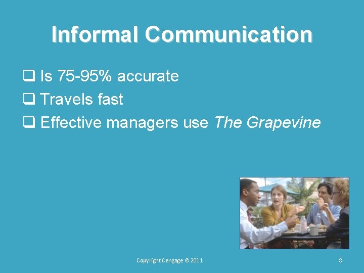 Informal Communication q Is 75 -95% accurate q Travels fast q Effective managers use