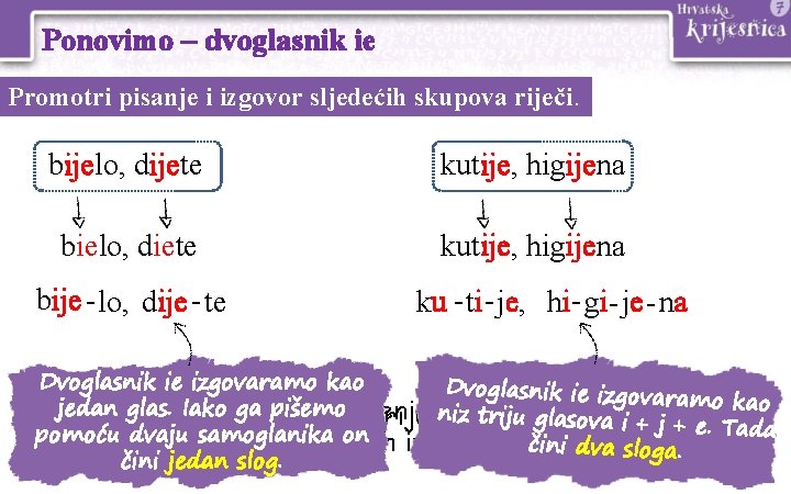 Ponovimo – dvoglasnik ie Promotri pisanje i izgovor sljedećih skupova riječi. bijelo, dijete kutije, Ponovimo – dvoglasnik ie Promotri pisanje i izgovor sljedećih skupova riječi. bijelo, dijete kutije,