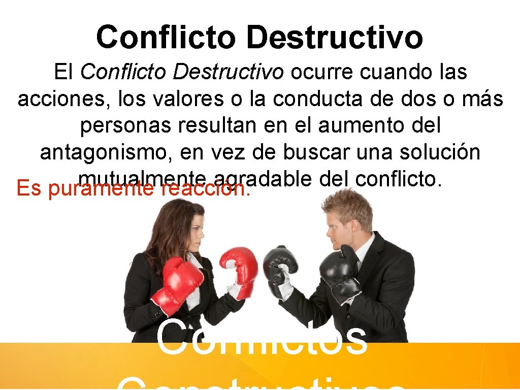 Conflicto Destructivo El Conflicto Destructivo ocurre cuando las acciones, los valores o la conducta